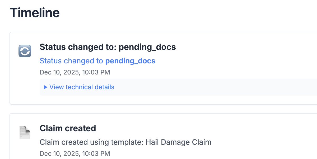 Activity log showing organized intake history