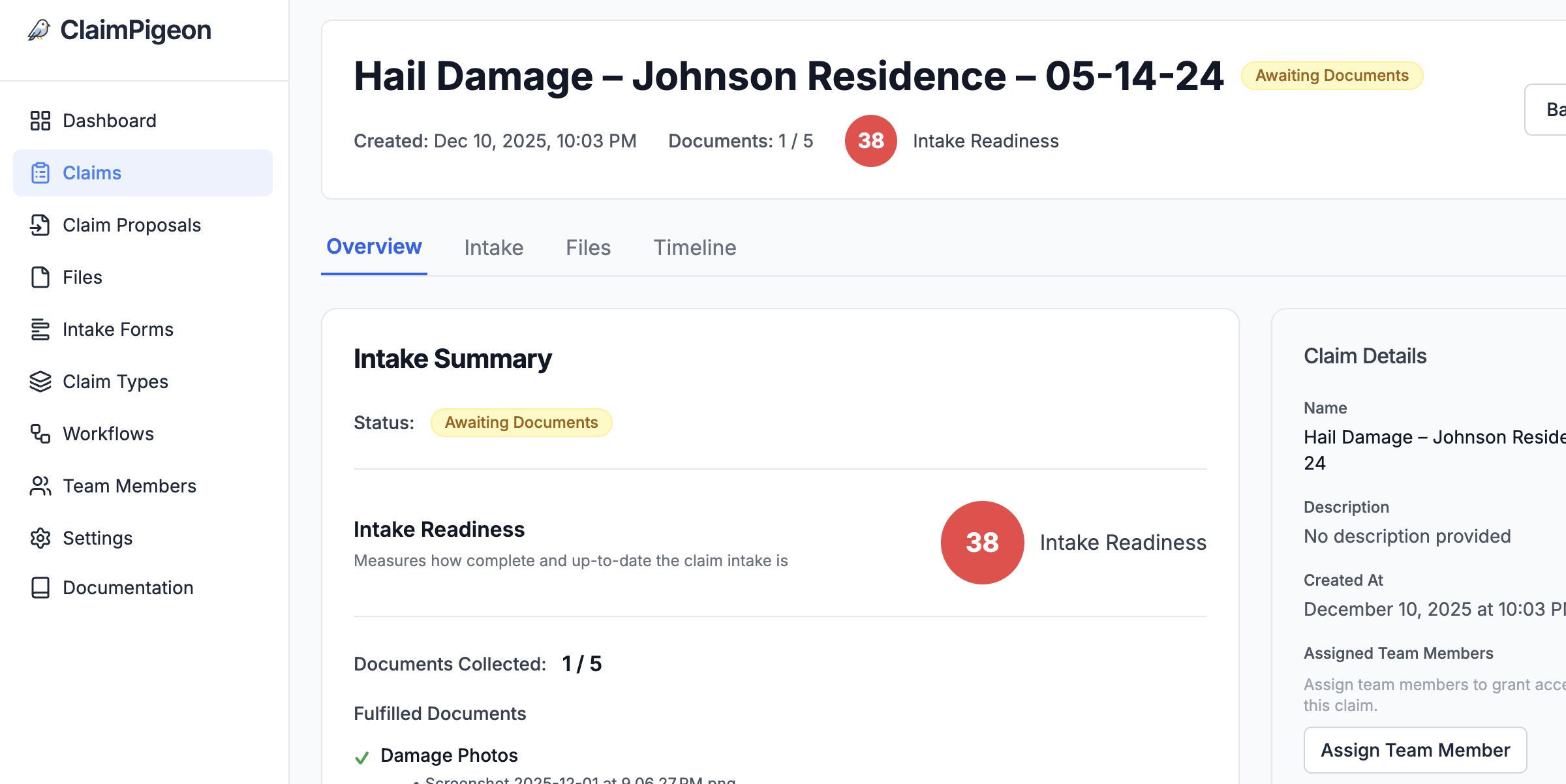 LoanPigeon interface showing organized loan intake workspace